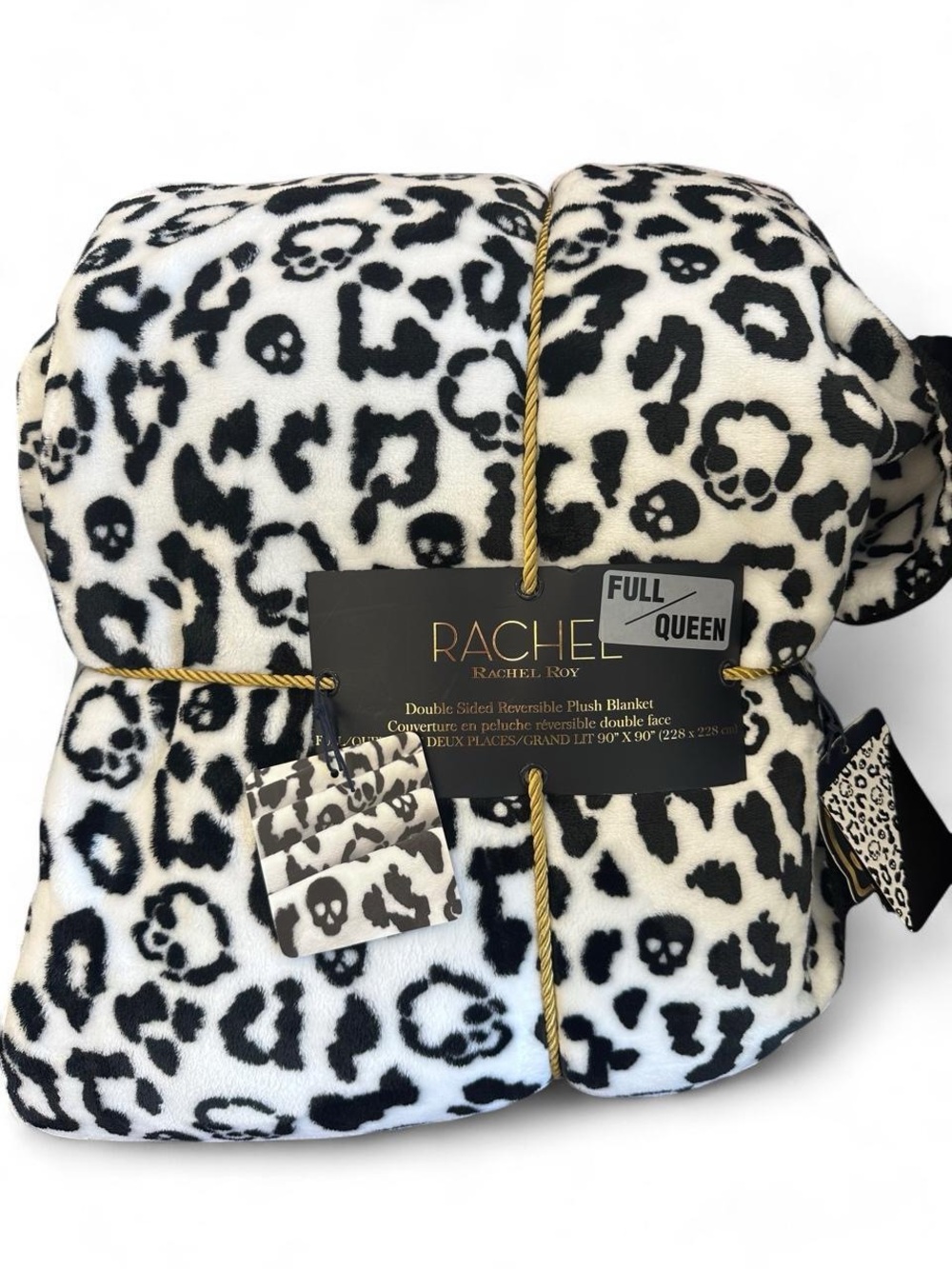 RACHEL Rachel Roy Black and White Leopard Skull Plush Blanket, Full/Queen